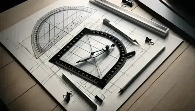 Set di strumenti per disegno tecnico con squadra, compasso e righello su tavolo in legno, foglio con angolo retto e goniometro.