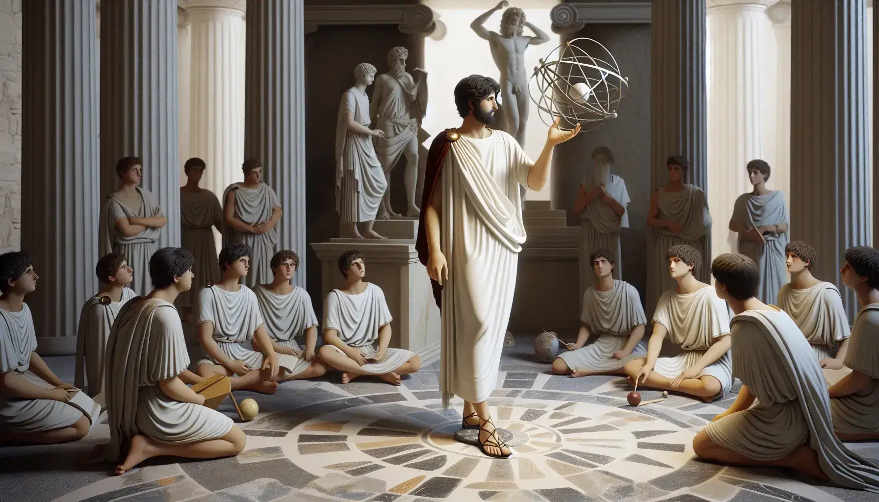 Escena de aula griega antigua con maestro enseñando a jóvenes atentos, rodeados de columnas dóricas y mosaico de piedra, sin elementos modernos.
