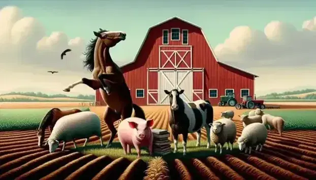 Caballo marrón alzándose en dos patas junto a cerdo rosa sobre libros, oveja blanca y vaca en granja con granero rojo y campo de cultivo.