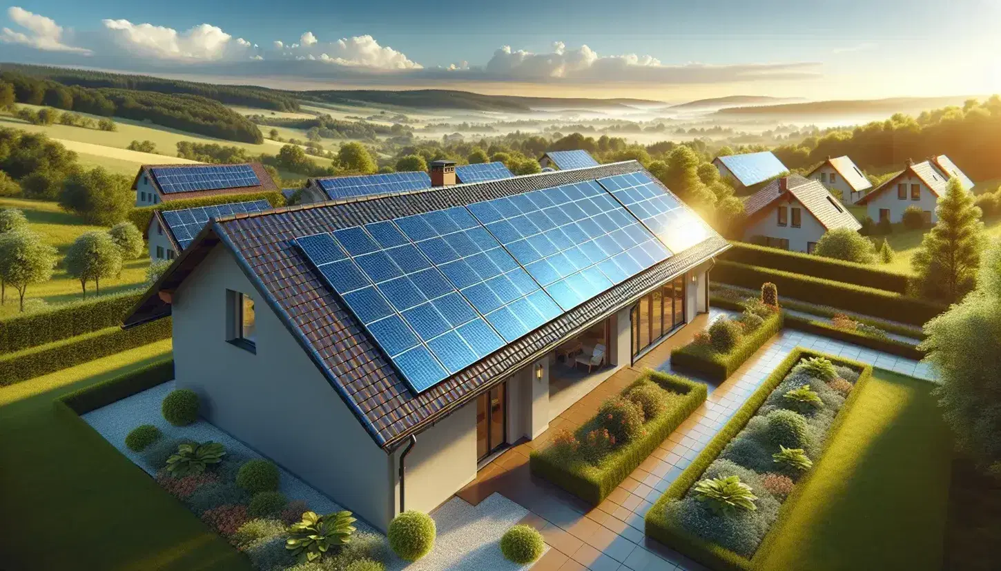 Paneles solares térmicos instalados en techo de casa con tejas terracota, reflejando cielo azul con nubes y rodeados de jardín verde y colinas.