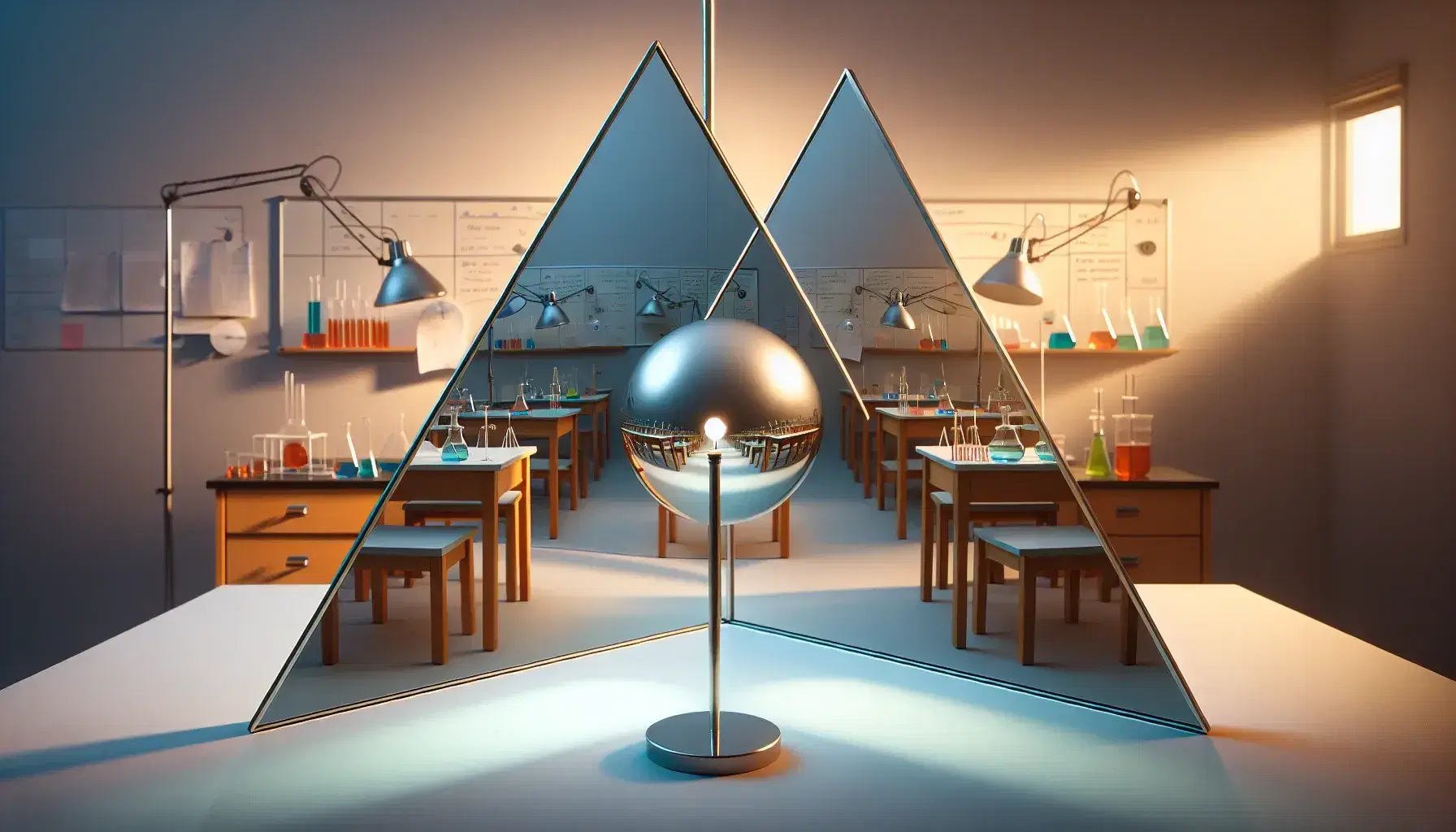 Espejos angulares formando un triángulo con esfera metálica en el centro y haz de luz reflejado en aula de ciencias, mostrando experimento de reflexión de luz.