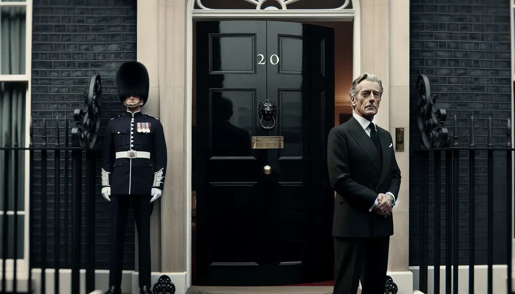 Elderly gentleman in formal attire stands before the iconic black door with a lion's head knocker, flanked by a uniformed officer, against a brick building.