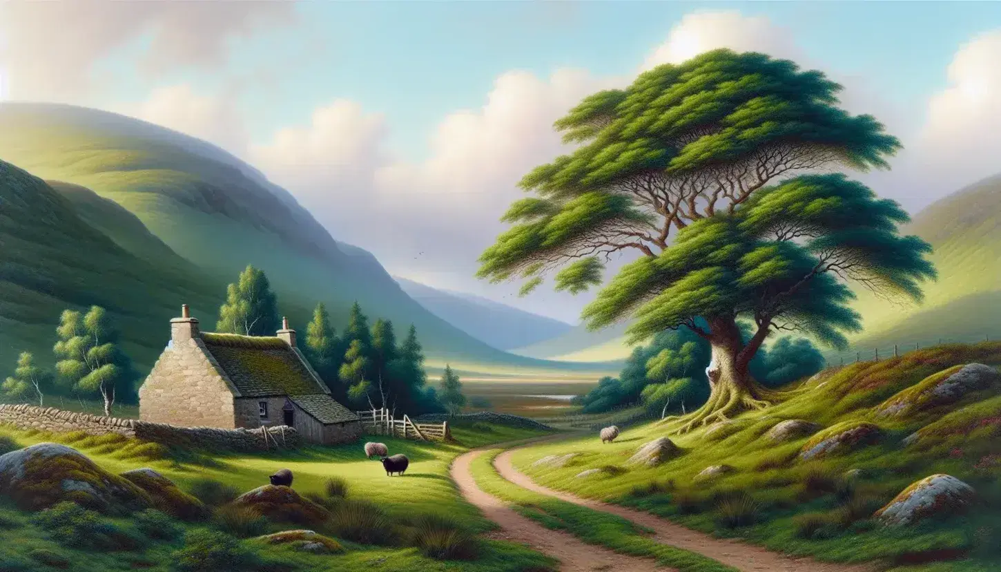 Serene Scottish landscape with rolling hills, a traditional stone cottage with a thatched roof, a leafy tree, and grazing black-faced sheep on green grass.