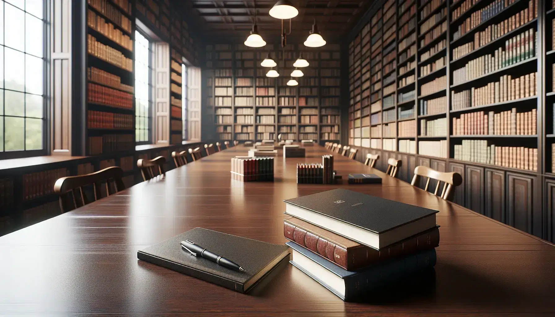 Biblioteca tranquila con mesa de madera y libros apilados, cuaderno abierto con bolígrafo y estantes llenos de libros, iluminación cálida y ventana con vista a árboles.