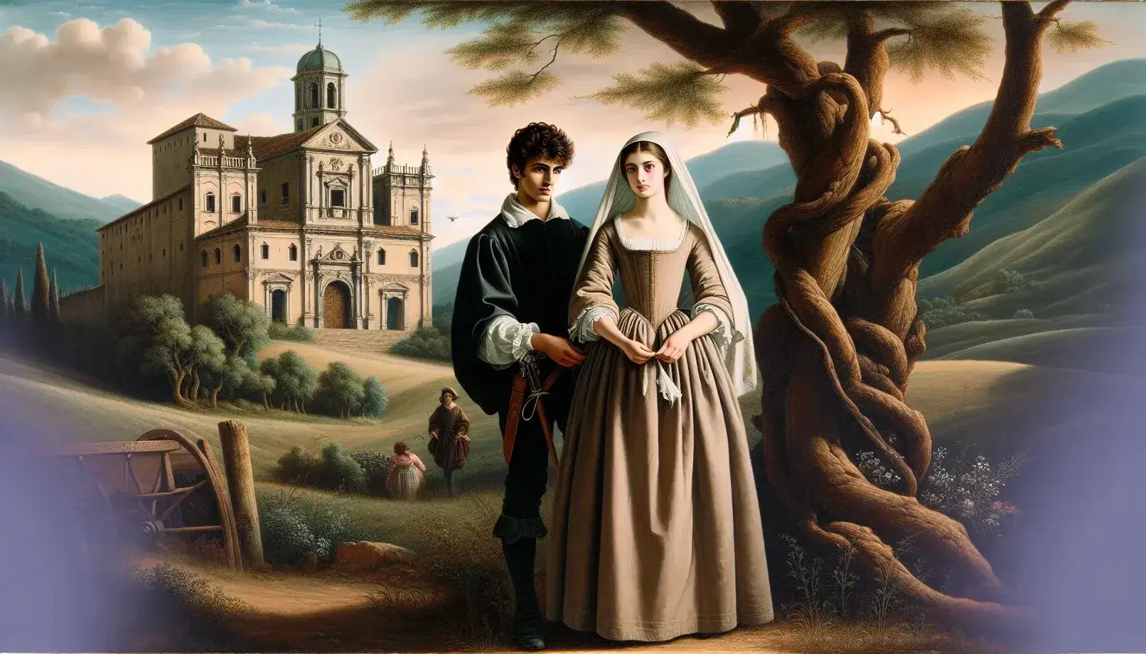Giovane coppia in stile "I Promessi Sposi" con Lucia e Renzo davanti a paesaggio lombardo e convento, sotto albero secolare.