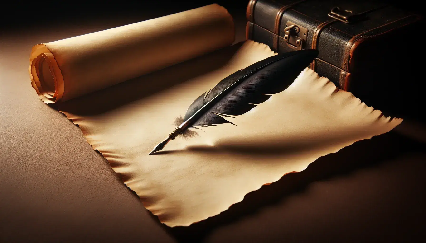 Antique quill pen on blank parchment paper with curled edges, set against a dark wooden table in soft lighting, evoking a historical ambiance.