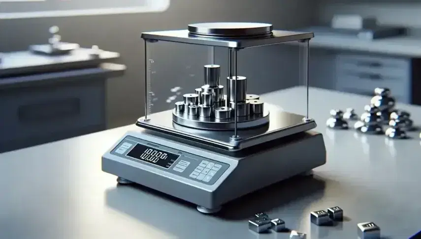 Balanza analítica de laboratorio de alta precisión con pesos de calibración en plataforma y cámara de pesaje de vidrio, sobre mesa de trabajo.