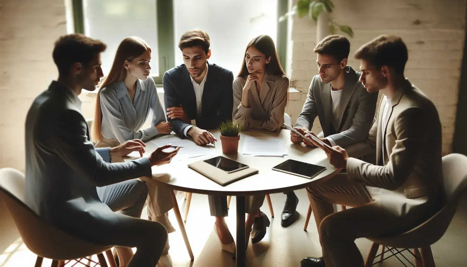 Gruppo di cinque professionisti in riunione attorno a un tavolo rotondo, con documenti, tablet e smartphone, in un ambiente neutro con piante.