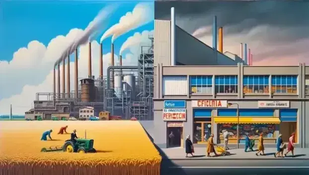 Campo di grano dorato con agricoltore su trattore, fabbrica con camino fumante e scena urbana con pedoni e negozi rappresentano i settori economici italiani.