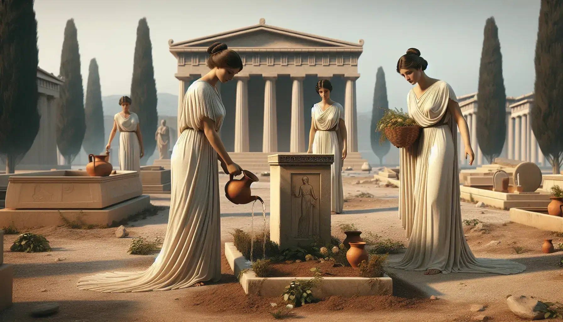 Rituale funebre nell'antica Grecia con donna in peplo che versa libazioni e un'altra con cesto di fiori vicino a stele, tempio dorico sullo sfondo.