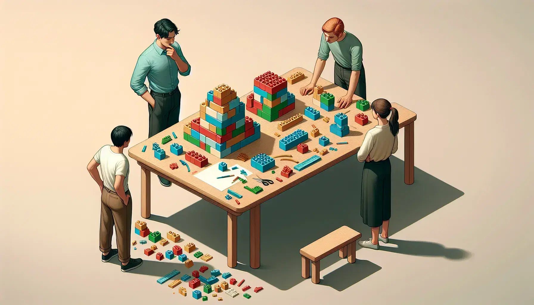 Tres personas colaboran en una mesa con bloques de construcción coloridos, una ajusta las piezas mientras otra observa pensativa y la tercera toma notas.