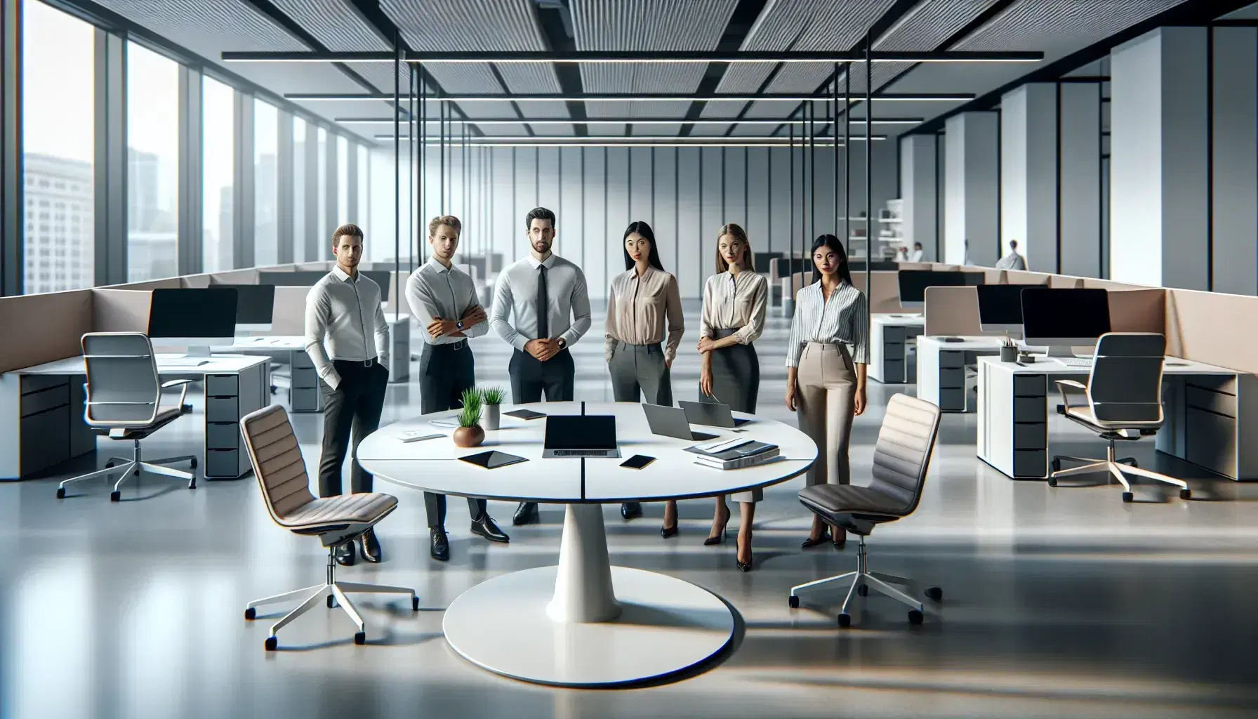 Grupo de cinco profesionales en oficina moderna con mesa redonda, dispositivos electrónicos y estaciones de trabajo iluminadas naturalmente.