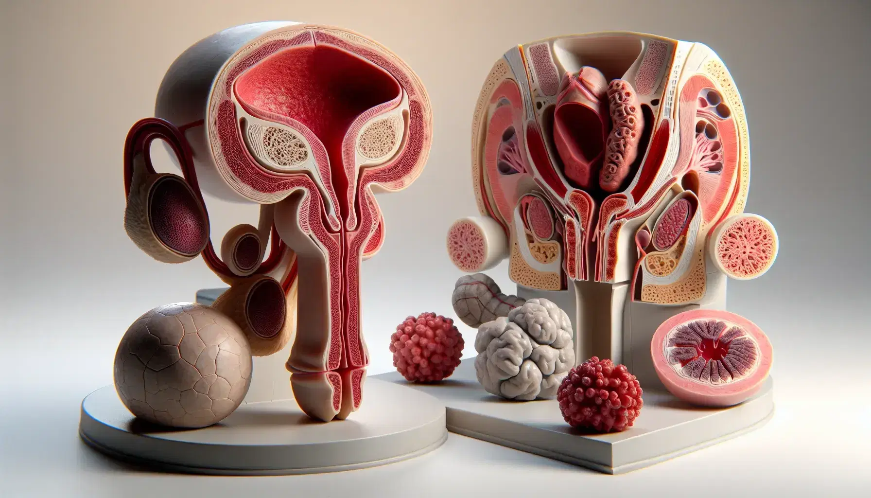 Modelos anatómicos tridimensionales del sistema reproductor masculino y femenino con detalles realistas en tonos rosados y rojos sobre superficie neutra.