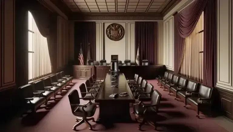 Sala de tribunal vacía con mesa central de madera oscura, sillas con cojines negros, estrado del juez y bandera nacional al lado de un escudo en relieve.
