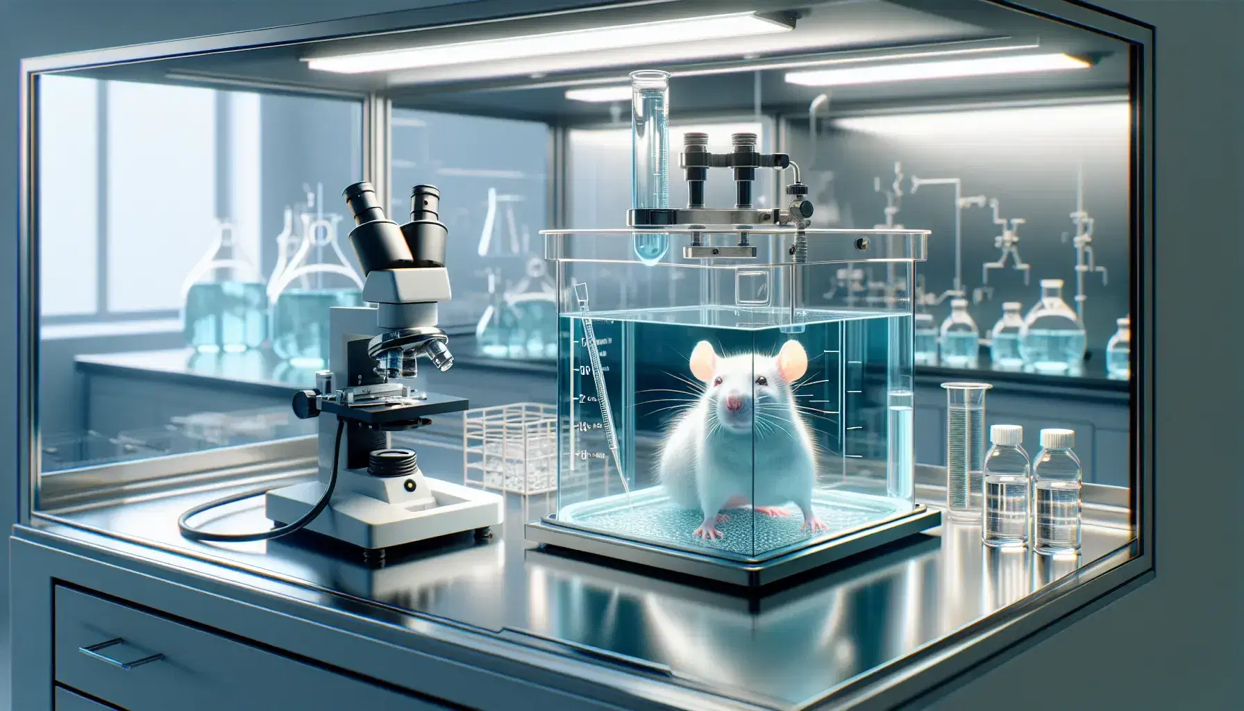 Laboratory with glass beaker and blue liquid, white rat in transparent cage, ready-to-use microscope and various containers in the background.