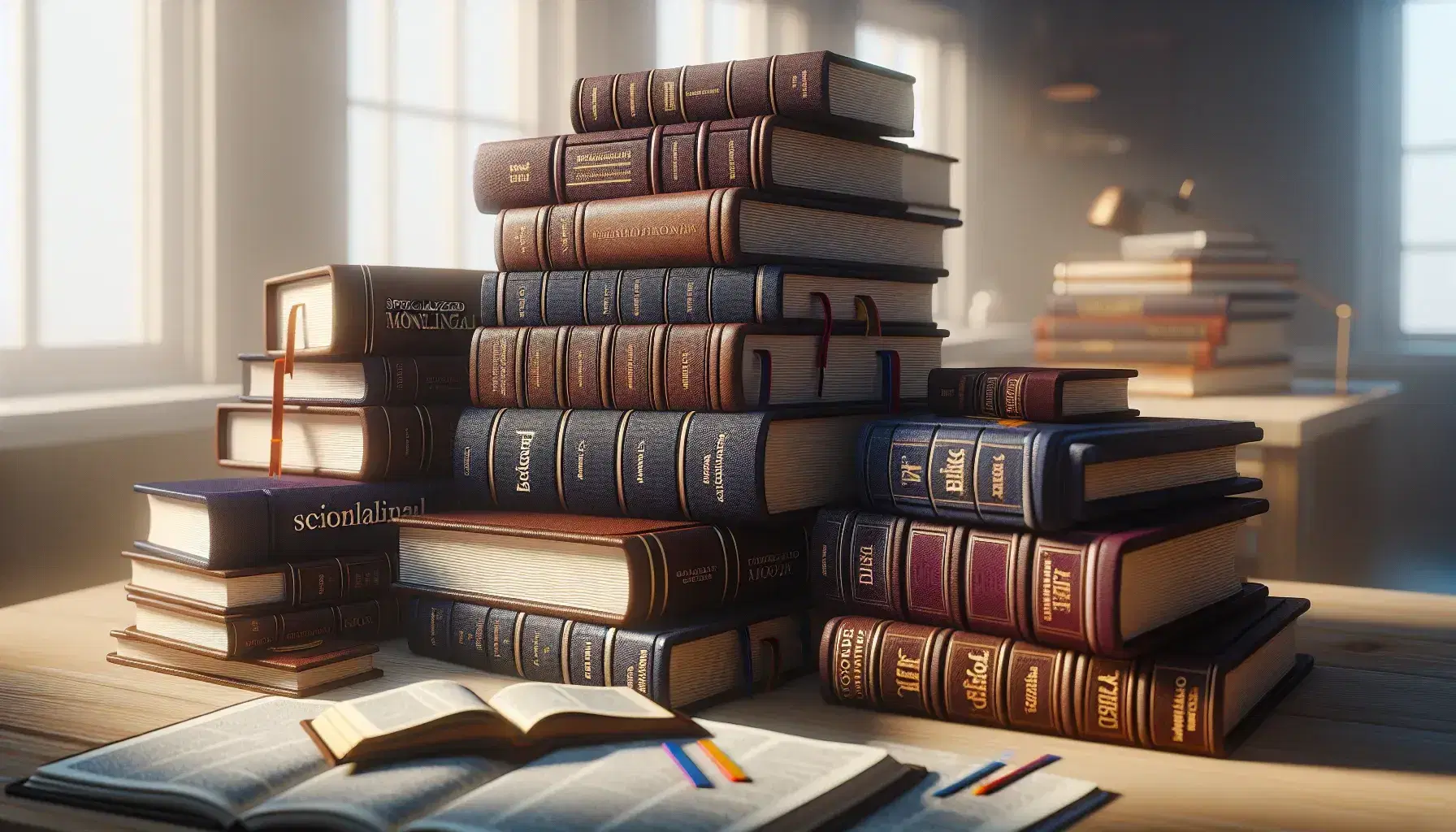 Dizionari monolingue specializzati impilati, con copertine rigide in tonalità di marrone, blu e bordeaux e segnalibri colorati sporgenti, su scrivania in legno.
