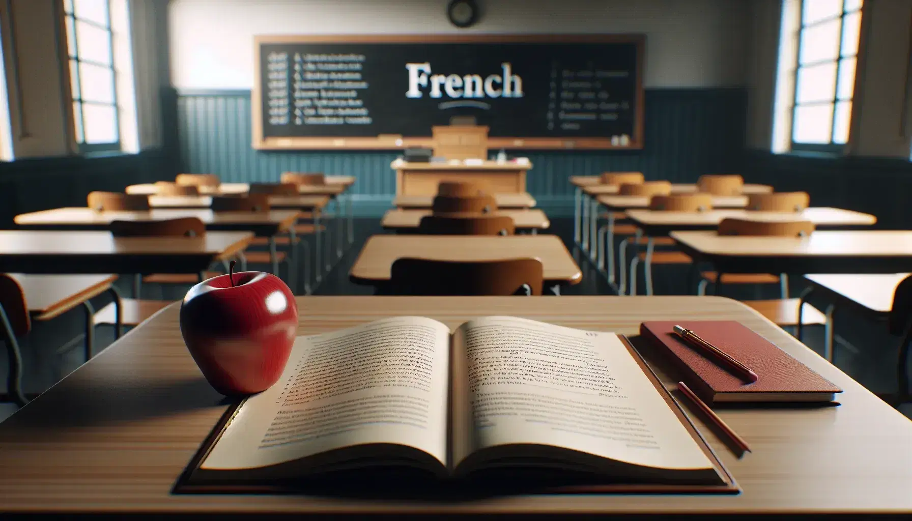 French language classroom with teacher's desk, open textbook, red apple, clean chalkboard, student desks with notebooks and pencils, and sunlit windows with white curtains.