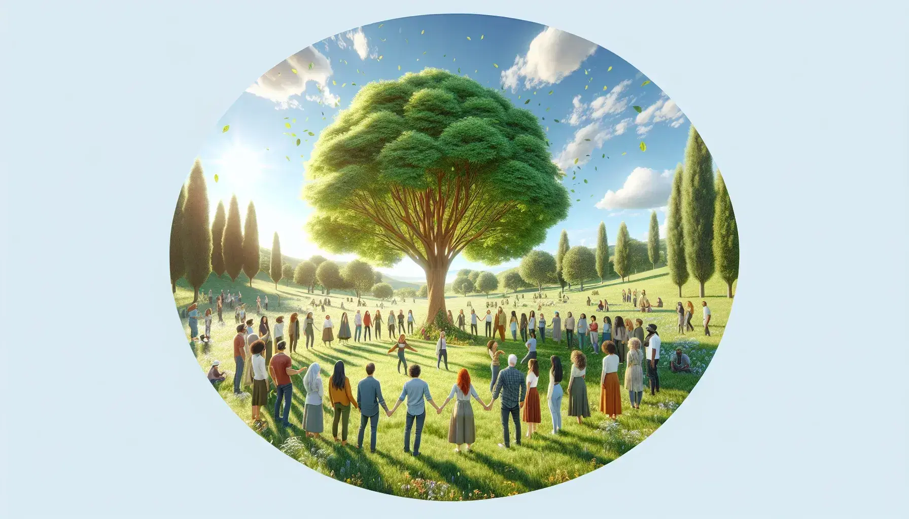 Grupo diverso de personas disfrutando de un día soleado en un parque alrededor de un árbol frondoso, reflejando armonía y naturaleza.