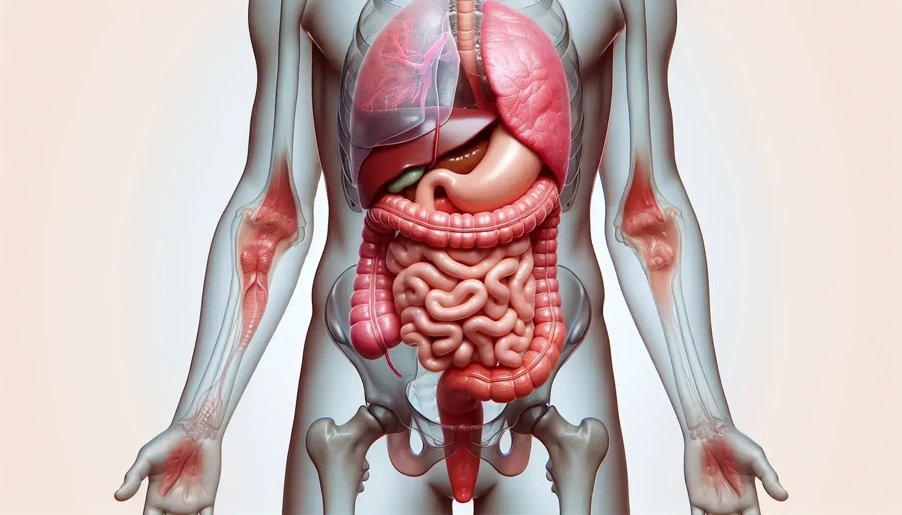 Detailed anatomical illustration of the human digestive system with transparent silhouette showing organs in situ, differentiated by color.