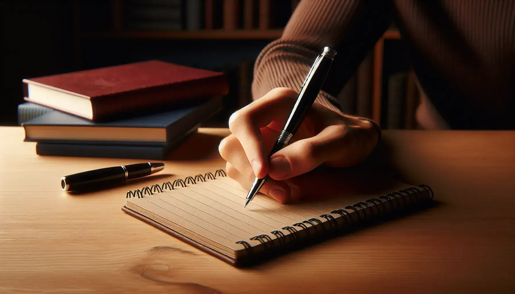 Close-up of hands with a black and silver pen on a blank lined notebook, on a wooden desk with blurred book stacks in the background.