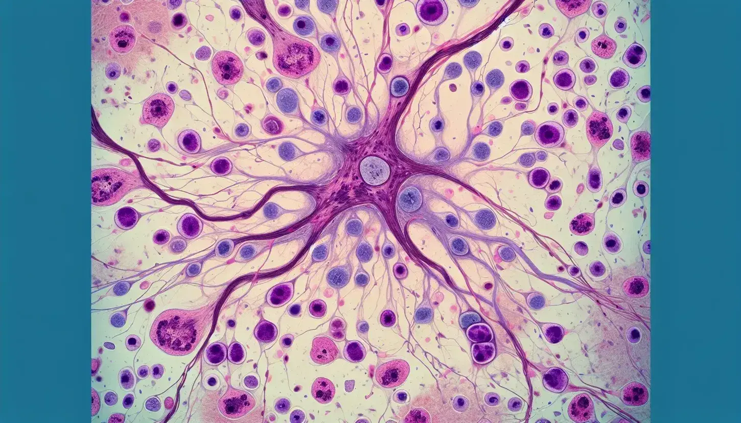 Vista microscópica de tejido nervioso teñido mostrando neuronas con cuerpos celulares en púrpura oscuro y fibras de axones y dendritas entrelazadas, rodeadas de células gliales en tonos más suaves.