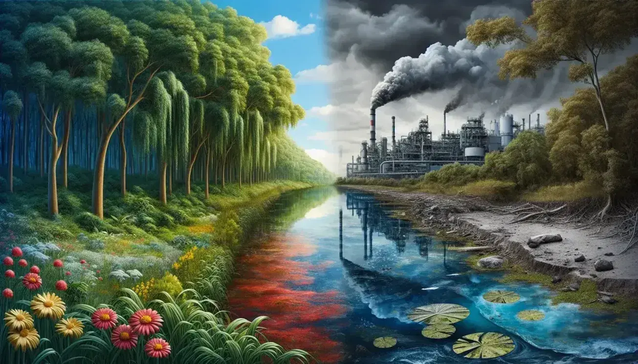 Contraste entre ecosistema natural con río cristalino y vegetación frondosa y zona industrial contaminada con fábrica y río sucio, con figura humana reflexiva en el centro.