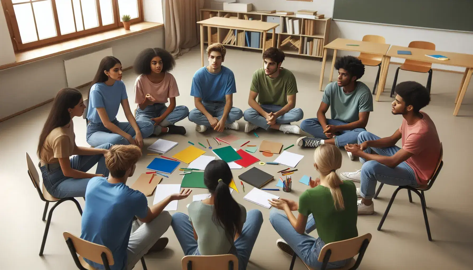 Grupo de seis estudiantes diversos en discusión colaborativa sentados en círculo en aula iluminada, con papeles y lápices en el centro.
