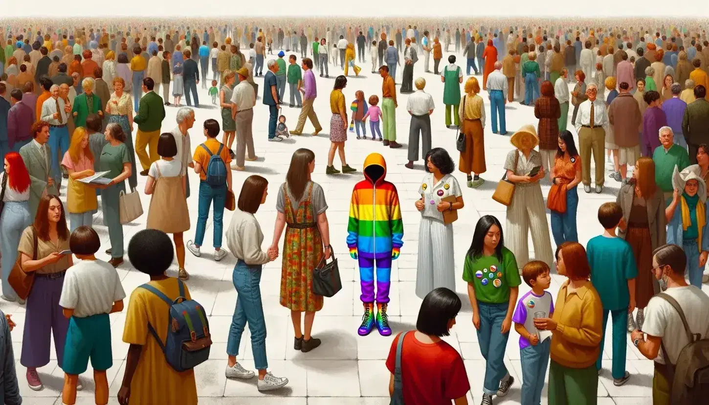 Gruppo eterogeneo di persone in un parco, con individuo centrale in abiti arcobaleno, circondato da altri in toni neutri e dettagli colorati.