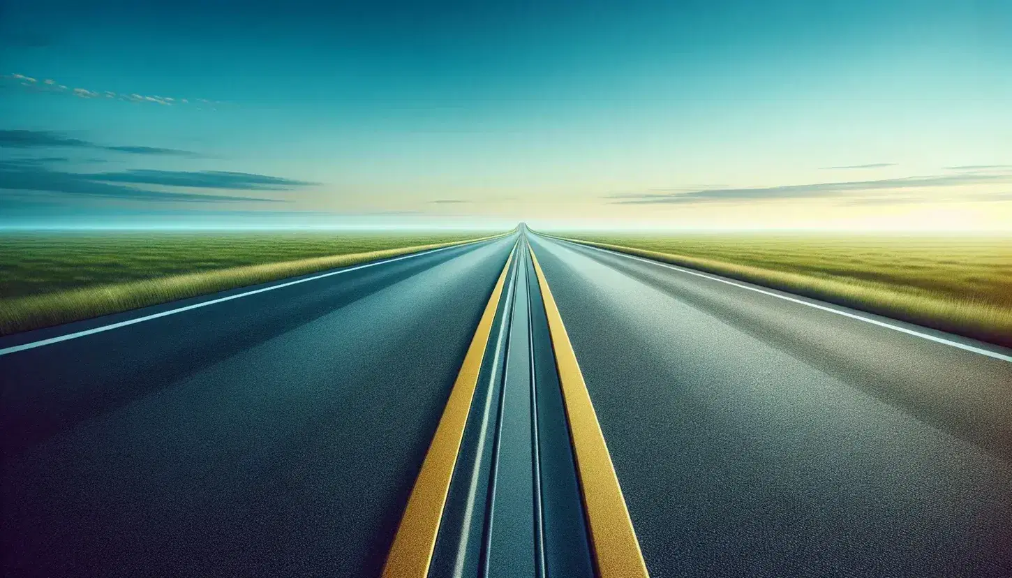 Paved road with yellow dashed lines under a clear blue sky, flanked by green grass and a solitary leafless tree on the right.