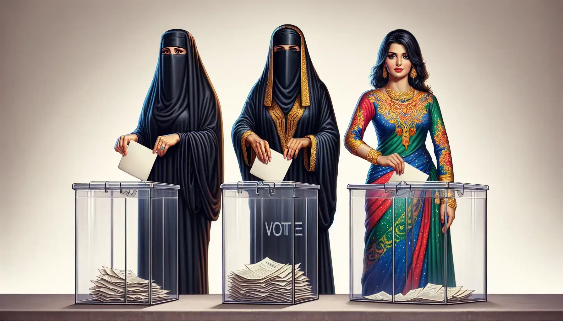 Three women of different ethnicities vote together, symbolizing unity and equality, with traditional clothes and a transparent ballot box.