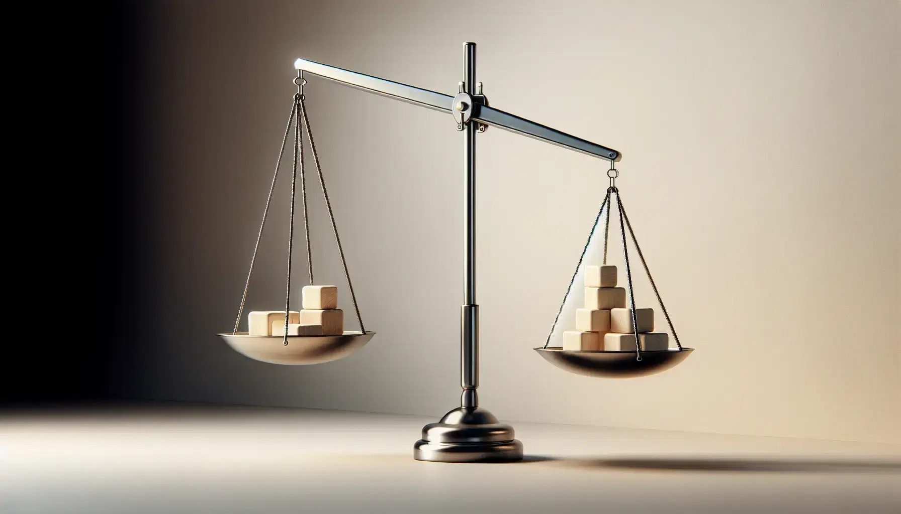 Bilance a bracci con piatti in equilibrio e sbilanciati, cubi di legno su superficie grigia, ombre morbide, sfondo neutro.