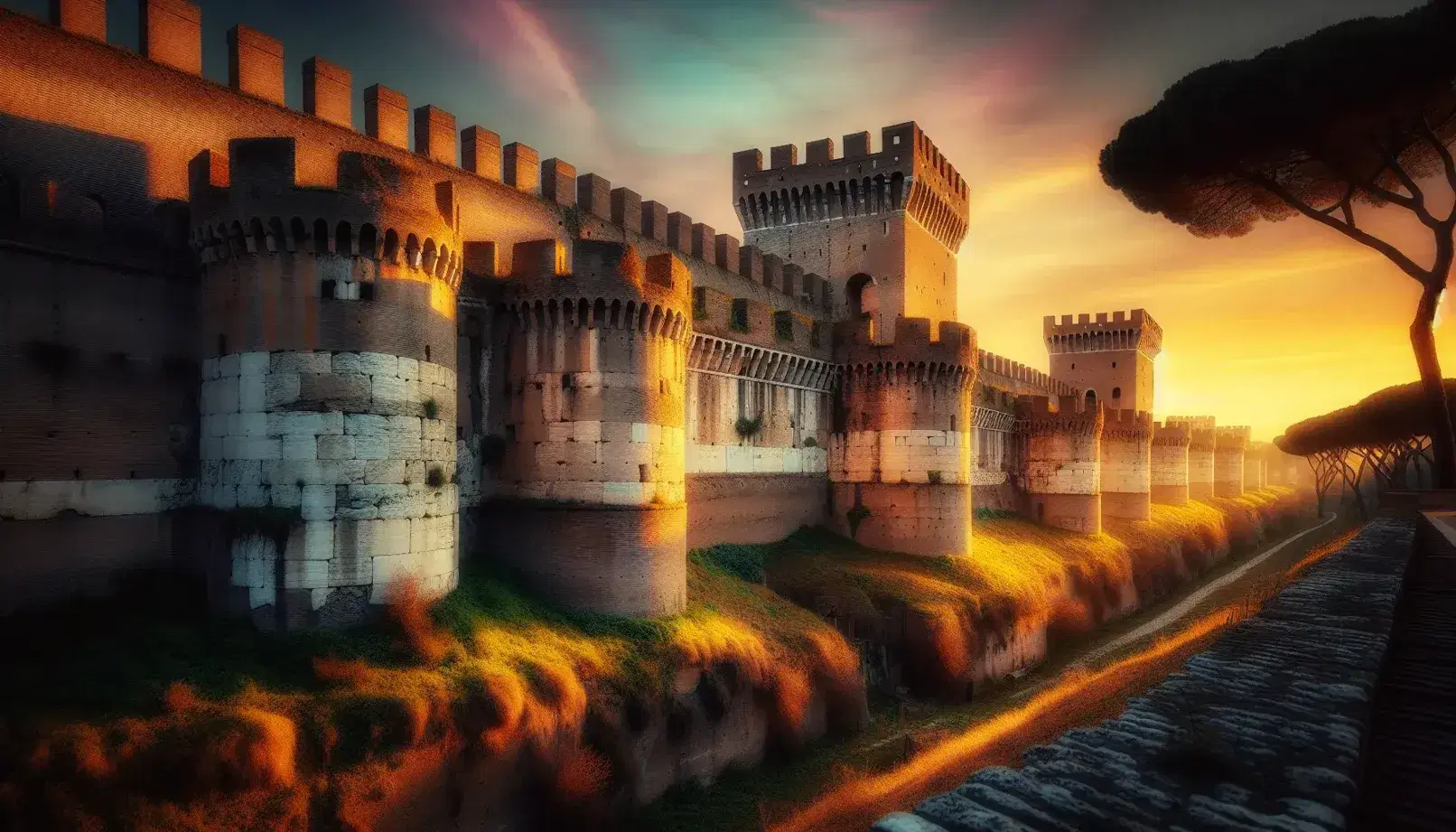 Mura Aureliane di Roma al tramonto con torri, battlements e vegetazione, cielo sfumato da giallo-arancio a blu intenso.