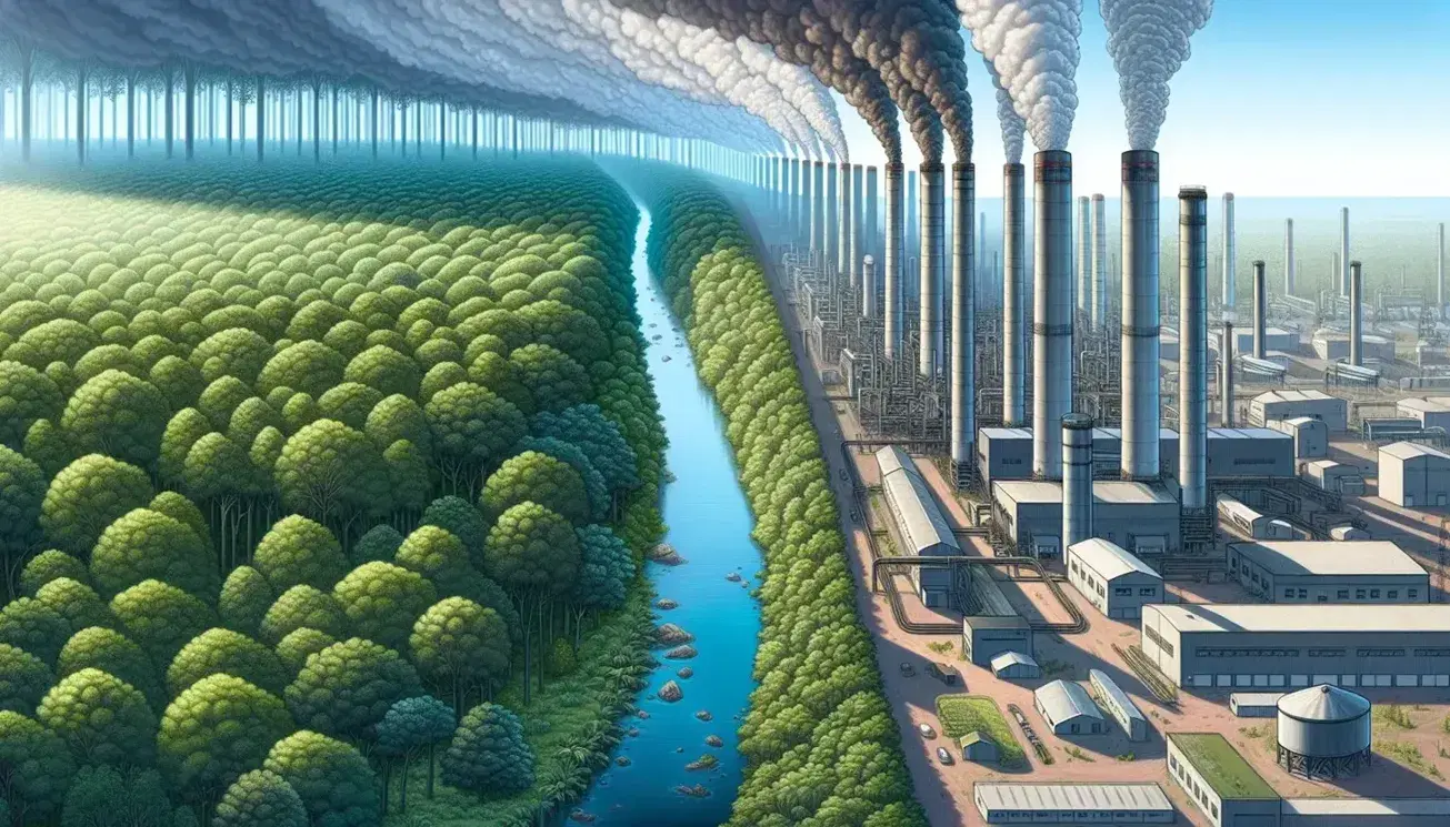 Landscape with green forest and stream on the left that fades into an industrial area with smokestacks and windowless buildings on the right.
