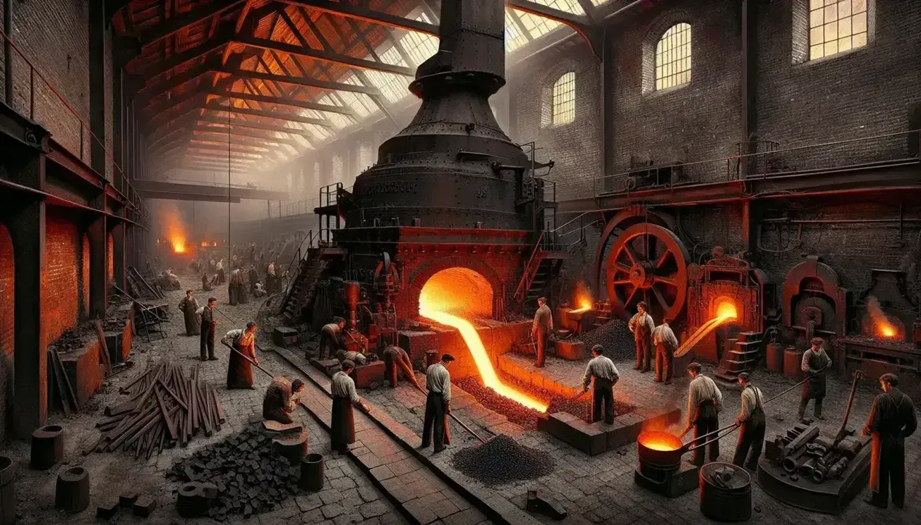 Fucina industriale dell'epoca della Rivoluzione Industriale con operai al lavoro, soffietto, forno fusorio e attrezzi sparsi.