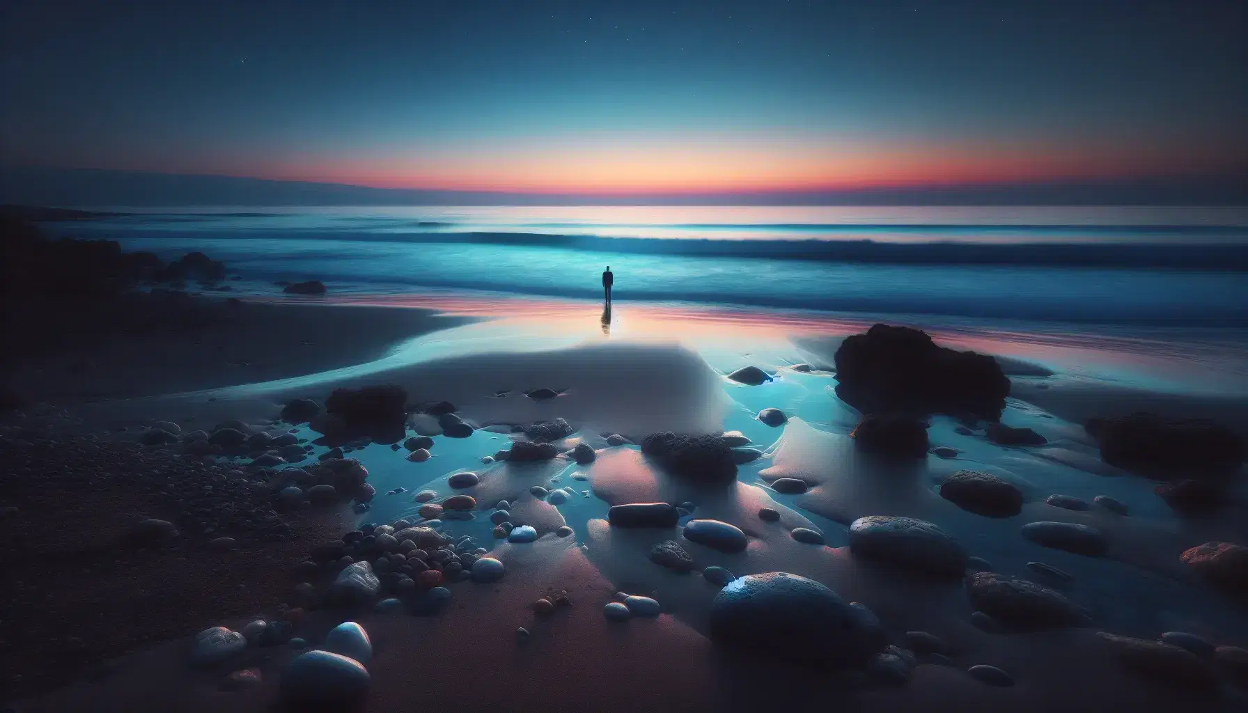 Twilight at a tranquil coastal scene with a silhouette of a person standing by the sea, pebbled shoreline in the foreground, and a gradient sky above.