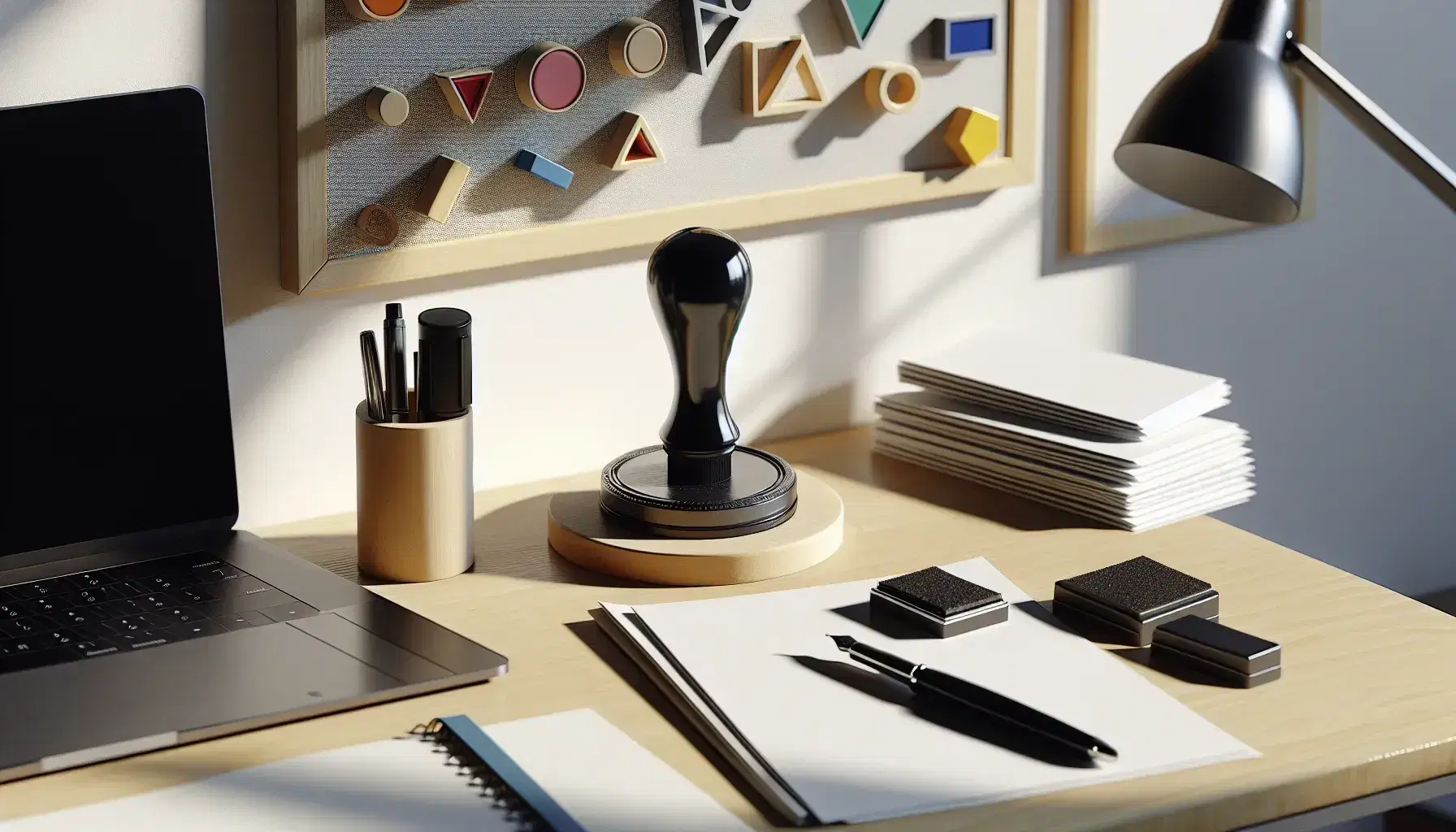 Scrivania in legno chiaro con timbro grande, tampone d'inchiostro, pila di documenti legati e penna stilografica, sfondo con lavagna magnetica colorata.