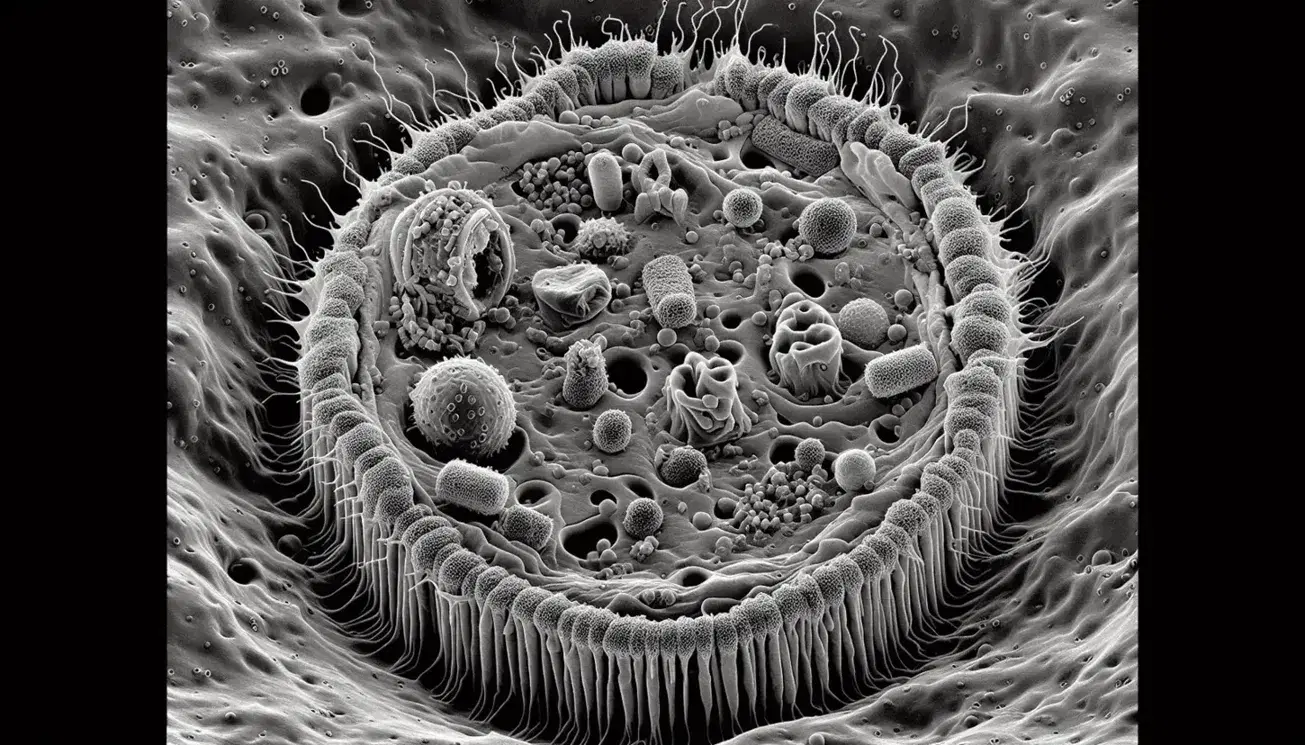 Cellula animale al microscopio elettronico con membrana e proteine transmembrana visibili in scala di grigi.