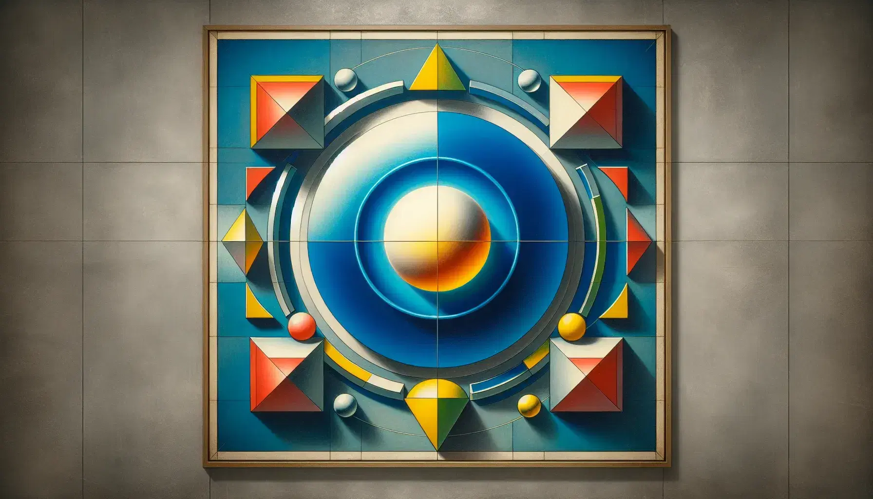 Composición artística con círculo azul central, triángulos rojos, cuadrados amarillos y rectángulos verdes sobre fondo gris claro.