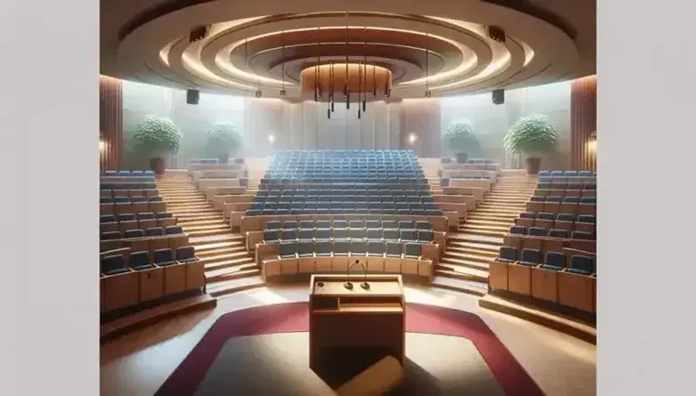 University classroom with oak podium, blue upholstered seats, beige walls, green plants and natural light from windows.