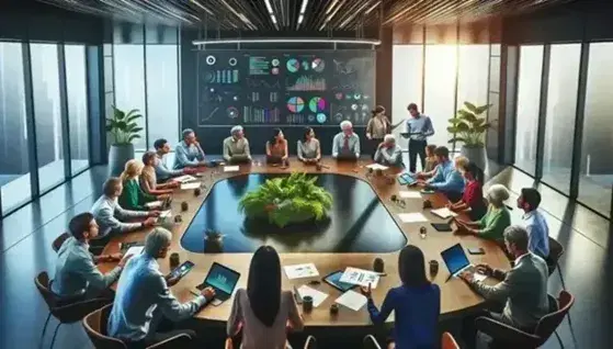 Grupo diverso trabajando en mesa de conferencia con dispositivos electrónicos, papeles y una pizarra con gráficos al fondo, iluminación natural y artificial.