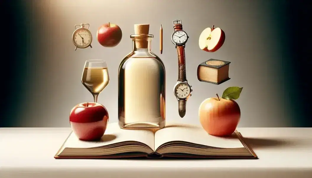 Libro aperto con pagine bianche, mela rossa, bottiglia di vetro con liquido giallo, orologio con cinturino marrone, tazza di caffè e matite colorate.