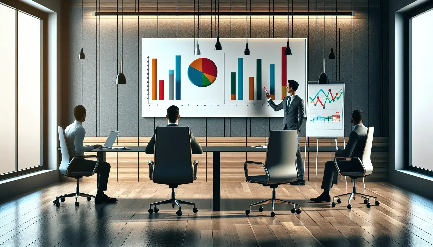 Three professionals in a well-lit office engage in tasks: analyzing colorful charts, preparing to write on a blank whiteboard, and conversing in a lounge area.