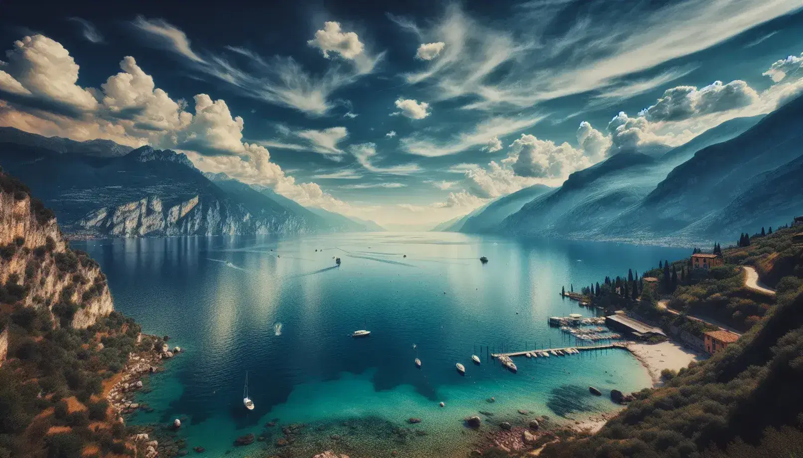 Vista panoramica del Lago di Garda con montagne innevate a sinistra, molo in legno e barche a vela su acque calme.