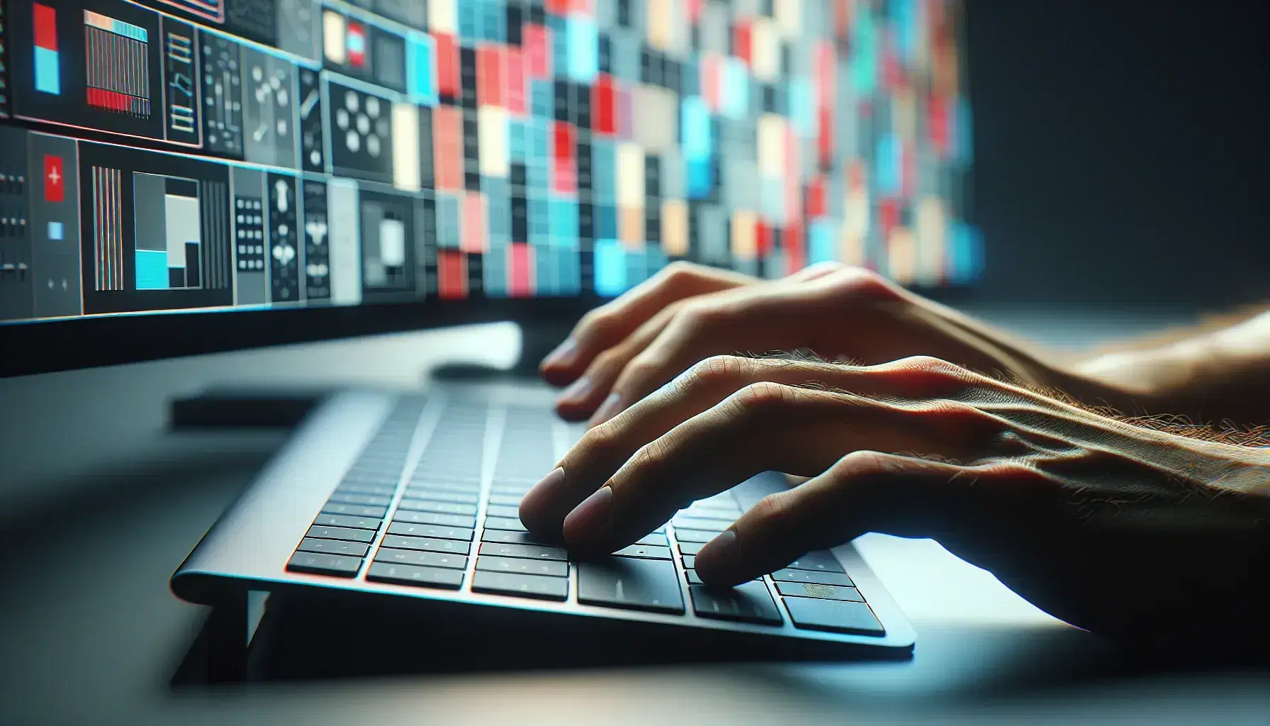 Hands resting on modern unmarked keyboard with computer screen background with colorful and abstract geometric shapes.