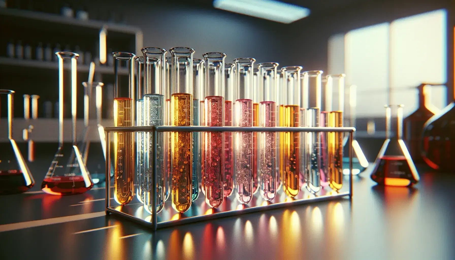 Tubos de ensayo de vidrio con líquidos de colores desde amarillo claro hasta rojo intenso en gradiente, en soporte metálico, con equipo de laboratorio desenfocado al fondo.