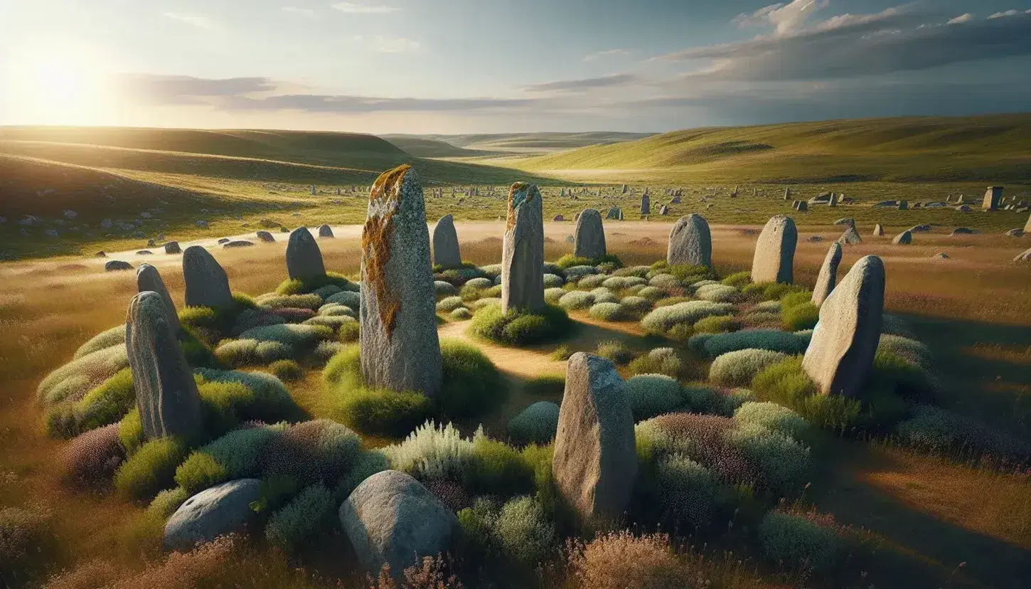 Círculo de menhirs prehistóricos en un paisaje natural con cielo azul, vegetación baja y colinas al fondo, bajo una luz suave de amanecer o atardecer.