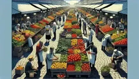 Open-air market with wooden stalls full of colorful fruit and vegetables, sellers and customers busy shopping under a blue sky.