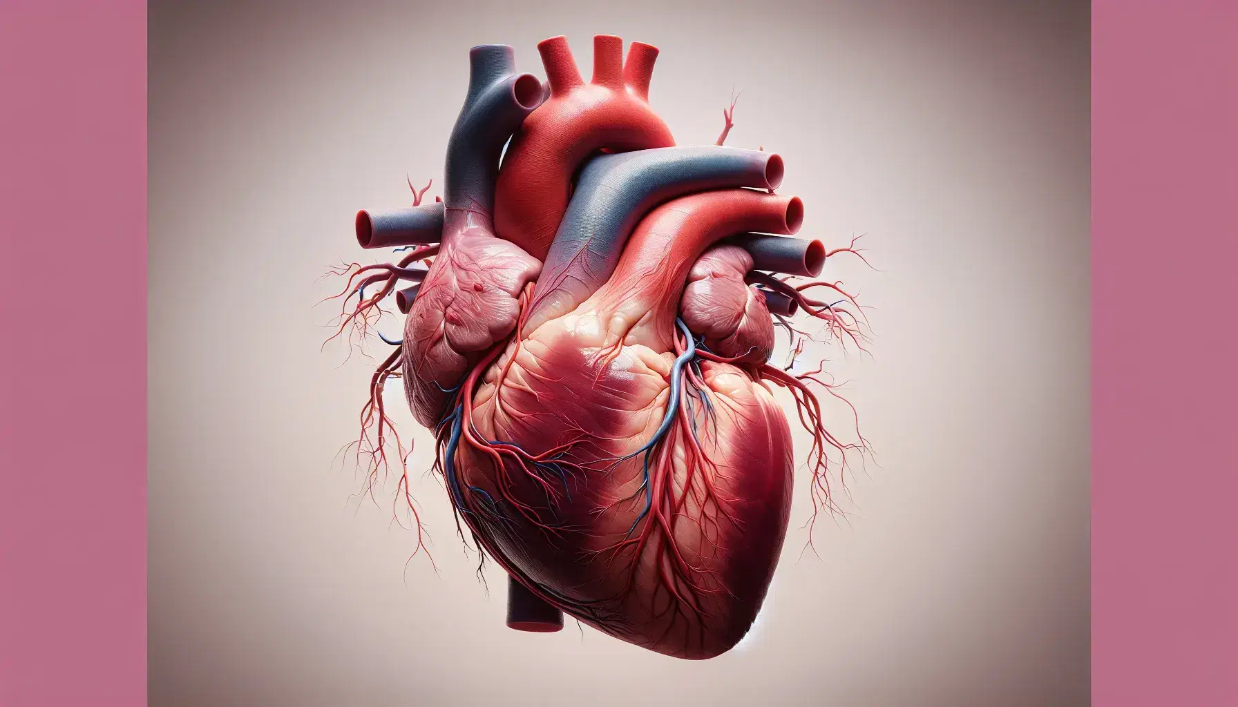 Corazón humano realista mostrando cámaras, arterias y venas principales en tonos rojos y rosas sobre fondo neutro.