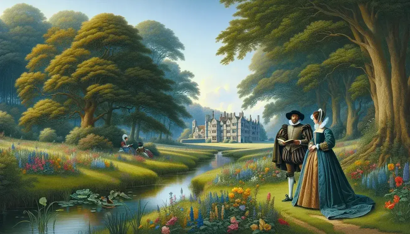 Elizabethan-era pastoral scene with a gentleman and lady in period attire discussing literature by a stream, with a manor in the background.