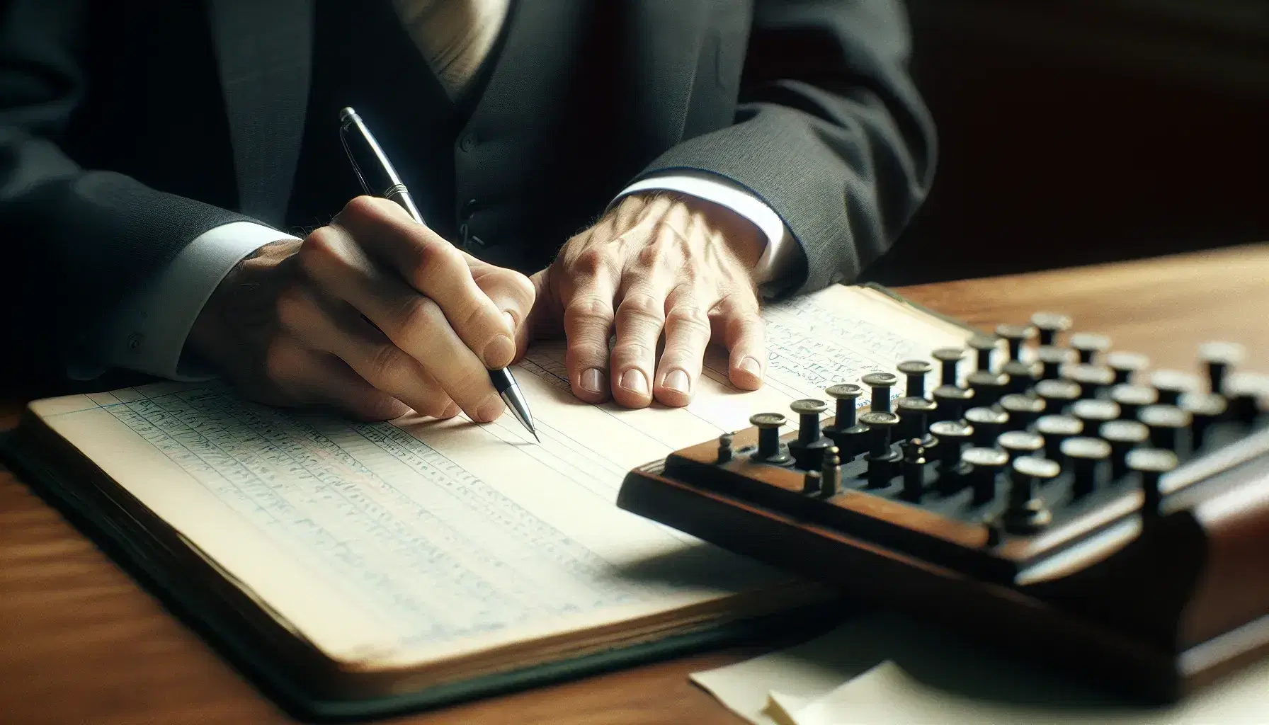 Close-up of hands with a pen over a ledger book on a wooden desk, with a mechanical calculator and blurred green lamp in the background.
